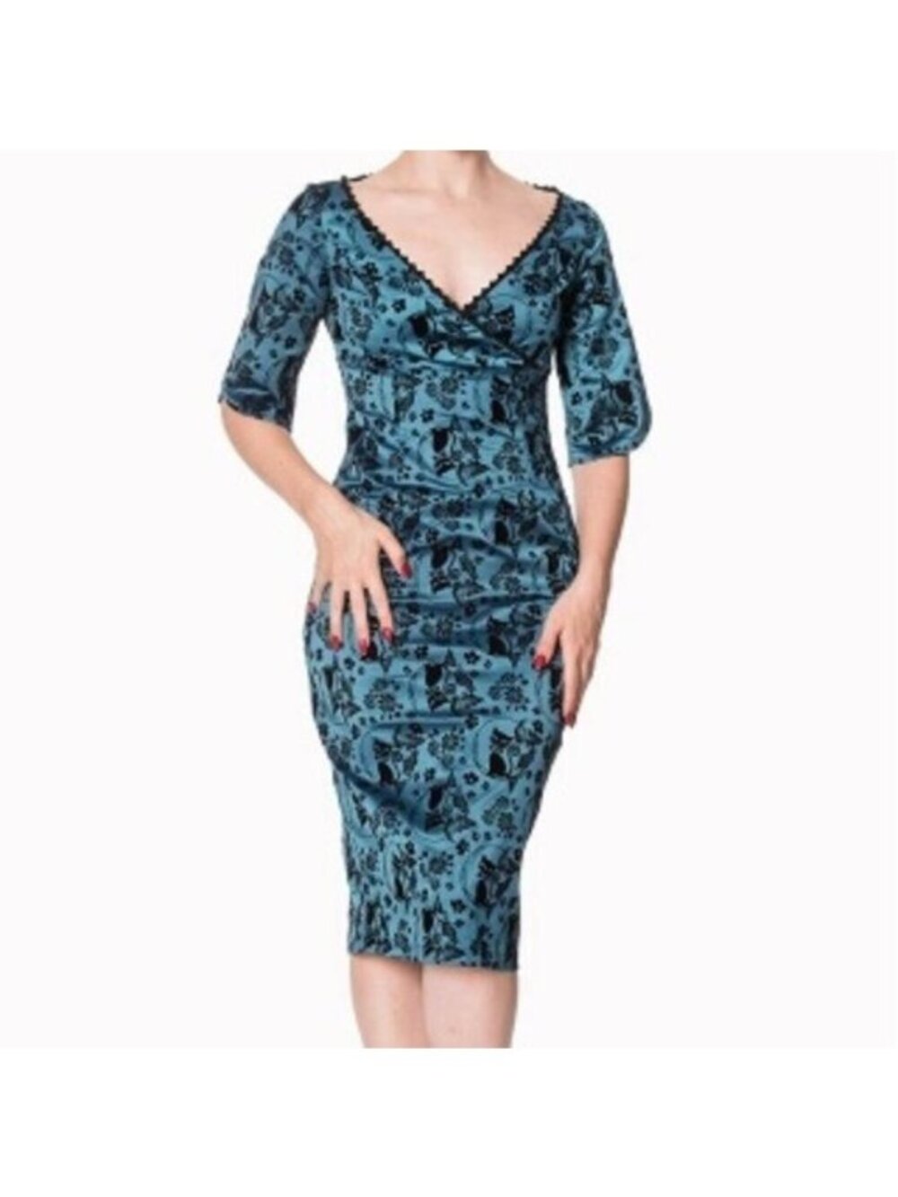 Banned Apparel Sia Bella Flocked Cat Print Wiggle Dress S NEW Blue 50s Retro